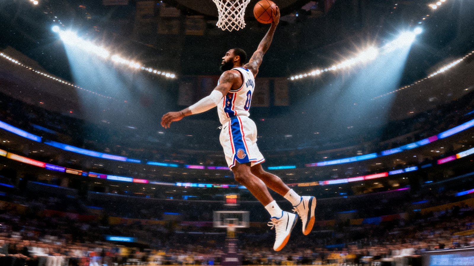 NBA一周十佳扣篮集锦封面，一名球员从罚球线起跳的连续空中动作被分解展示，背景是灯光璀璨的球馆
